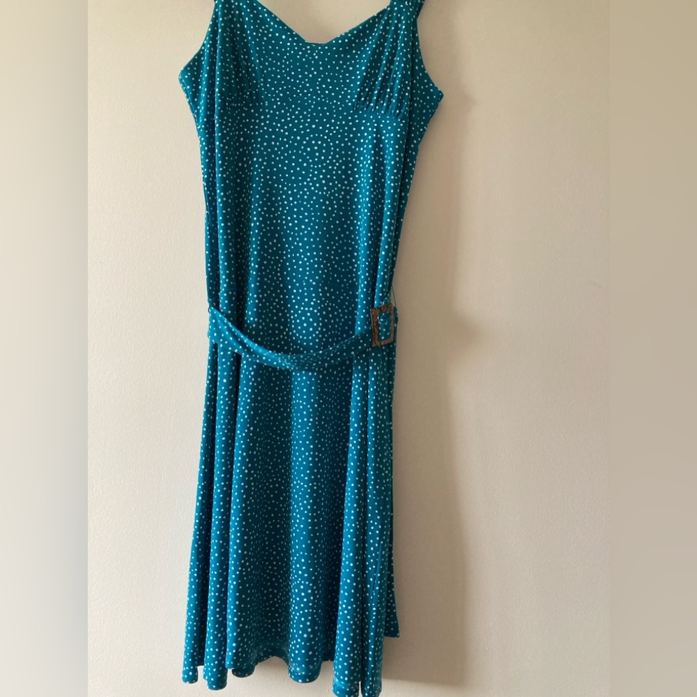 Chadwick of Boston Teal/White Polka Dot Sleeveless Belted Sundress, size M